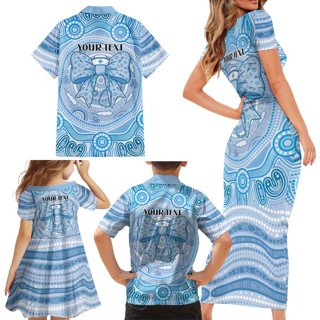Aussie Nurse Personalised Family Matching Short Sleeve Bodycon Dress and Hawaiian Shirt Blue Stethoscope Coquette Bow Aboriginal Dot Art