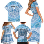 Aussie Nurse Personalised Family Matching Short Sleeve Bodycon Dress and Hawaiian Shirt Blue Stethoscope Coquette Bow Aboriginal Dot Art