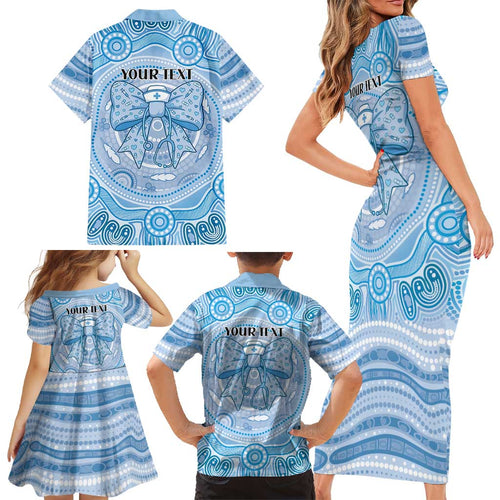Aussie Nurse Personalised Family Matching Short Sleeve Bodycon Dress and Hawaiian Shirt Blue Stethoscope Coquette Bow Aboriginal Dot Art