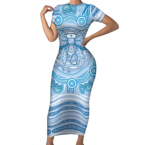 Aussie Nurse Personalised Family Matching Short Sleeve Bodycon Dress and Hawaiian Shirt Blue Stethoscope Coquette Bow Aboriginal Dot Art
