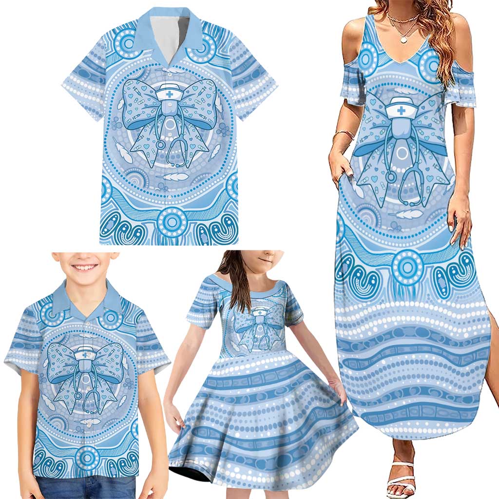 Aussie Nurse Personalised Family Matching Summer Maxi Dress and Hawaiian Shirt Blue Stethoscope Coquette Bow Aboriginal Dot Art