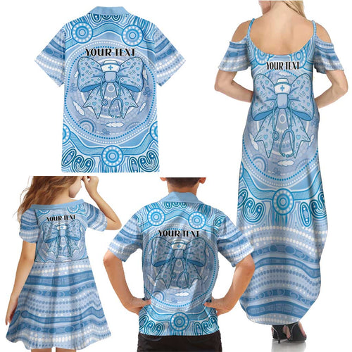Aussie Nurse Personalised Family Matching Summer Maxi Dress and Hawaiian Shirt Blue Stethoscope Coquette Bow Aboriginal Dot Art