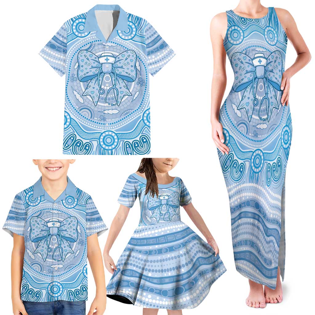 Aussie Nurse Personalised Family Matching Tank Maxi Dress and Hawaiian Shirt Blue Stethoscope Coquette Bow Aboriginal Dot Art