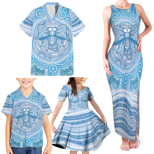 Aussie Nurse Personalised Family Matching Tank Maxi Dress and Hawaiian Shirt Blue Stethoscope Coquette Bow Aboriginal Dot Art