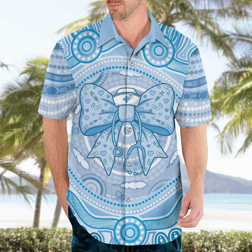 Aussie Nurse Personalised Hawaiian Shirt Blue Stethoscope Coquette Bow Aboriginal Dot Art