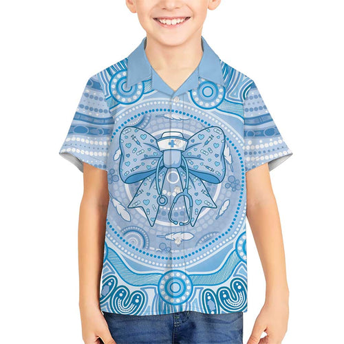 Aussie Nurse Personalised Kid Hawaiian Shirt Blue Stethoscope Coquette Bow Aboriginal Dot Art