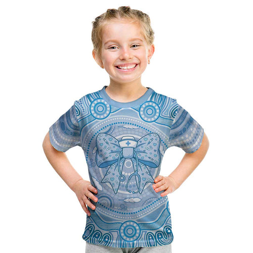 Aussie Nurse Personalised Kid T Shirt Blue Stethoscope Coquette Bow Aboriginal Dot Art