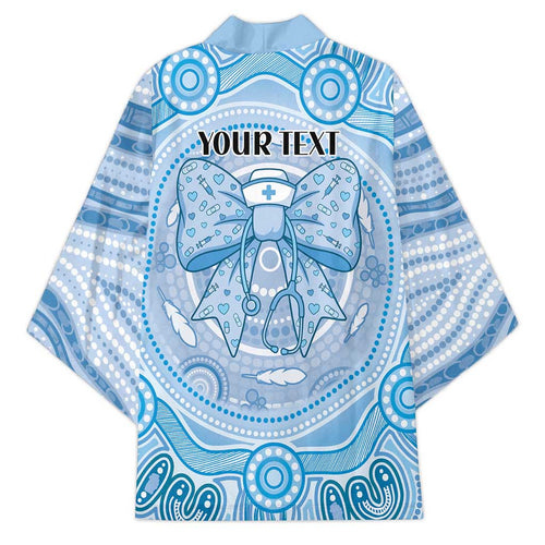 Aussie Nurse Personalised Kimono Blue Stethoscope Coquette Bow Aboriginal Dot Art