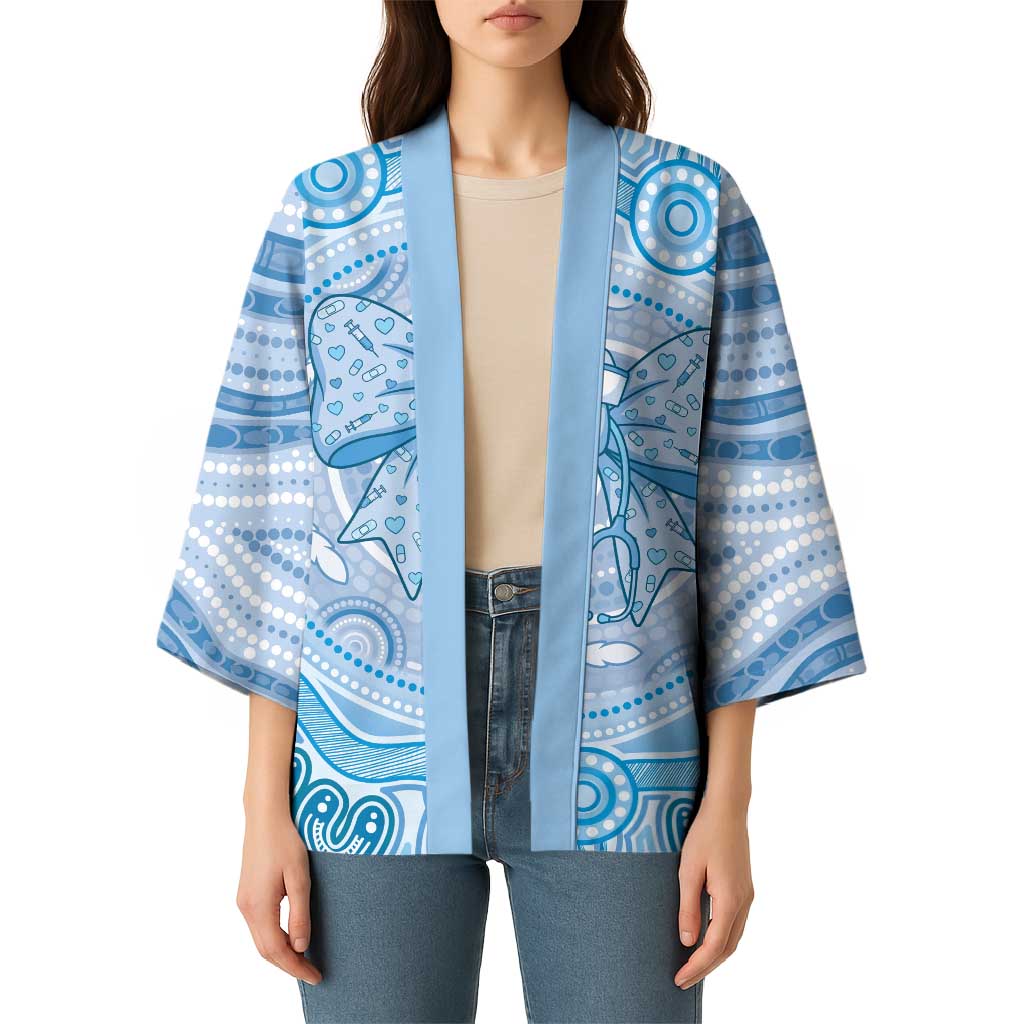 Aussie Nurse Personalised Kimono Blue Stethoscope Coquette Bow Aboriginal Dot Art