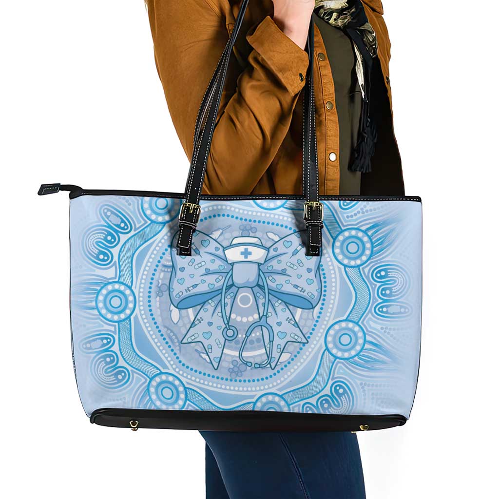 Aussie Nurse Leather Tote Bag Blue Stethoscope Coquette Bow Aboriginal Dot Art