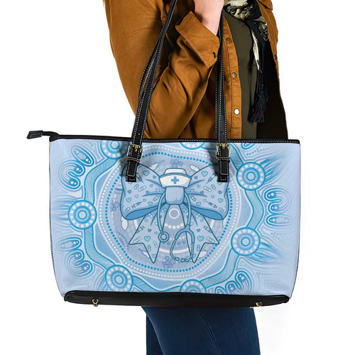 Aussie Nurse Leather Tote Bag Blue Stethoscope Coquette Bow Aboriginal Dot Art