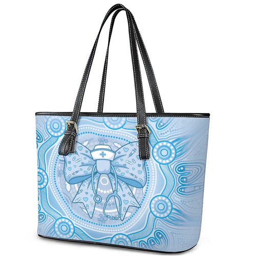 Aussie Nurse Leather Tote Bag Blue Stethoscope Coquette Bow Aboriginal Dot Art