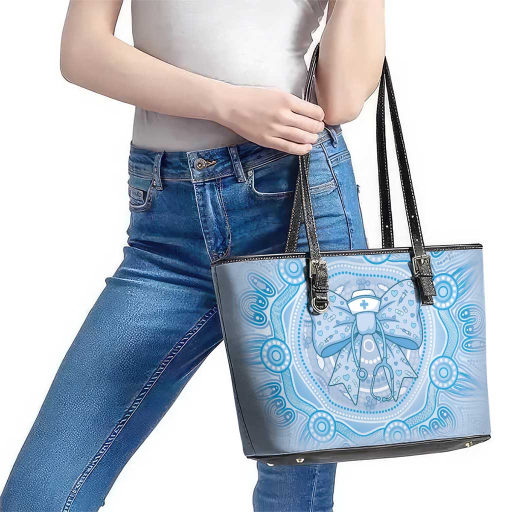 Aussie Nurse Leather Tote Bag Blue Stethoscope Coquette Bow Aboriginal Dot Art