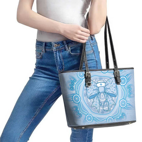 Aussie Nurse Leather Tote Bag Blue Stethoscope Coquette Bow Aboriginal Dot Art