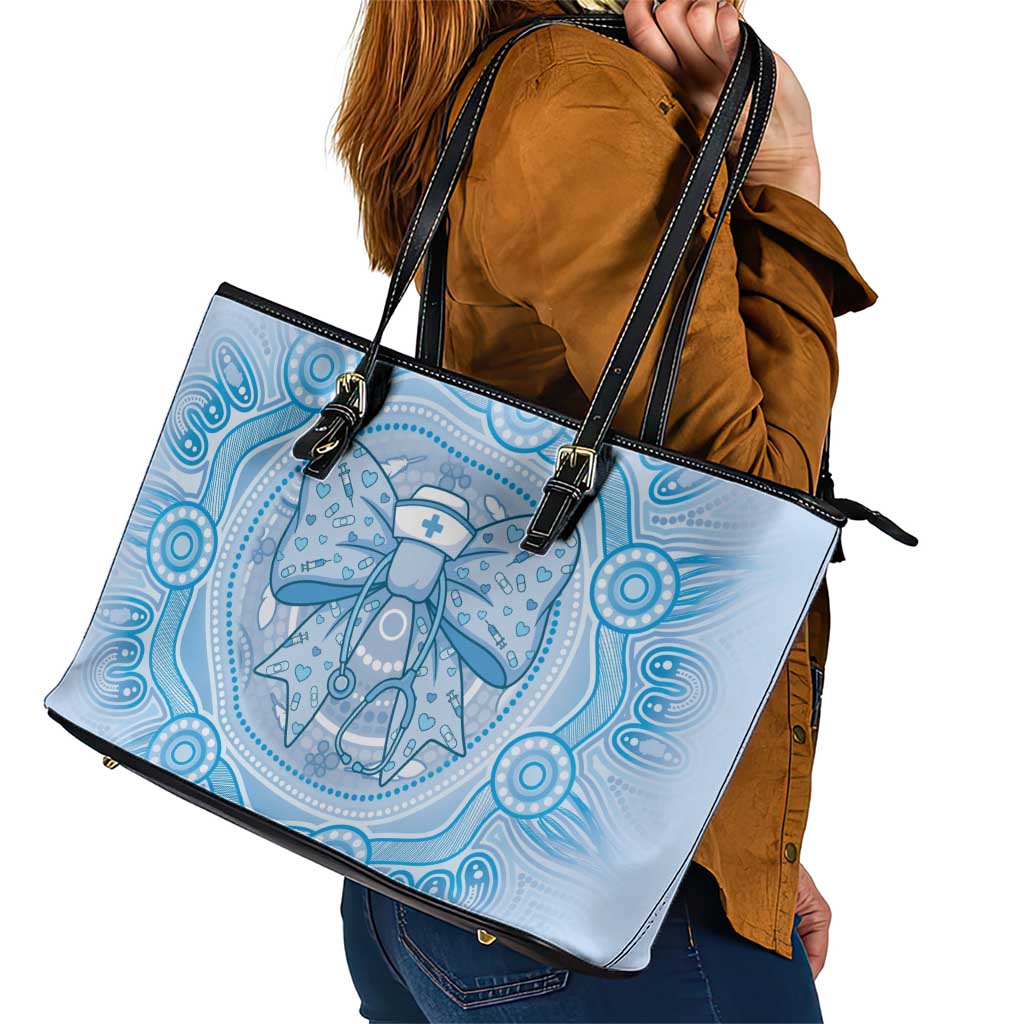 Aussie Nurse Leather Tote Bag Blue Stethoscope Coquette Bow Aboriginal Dot Art