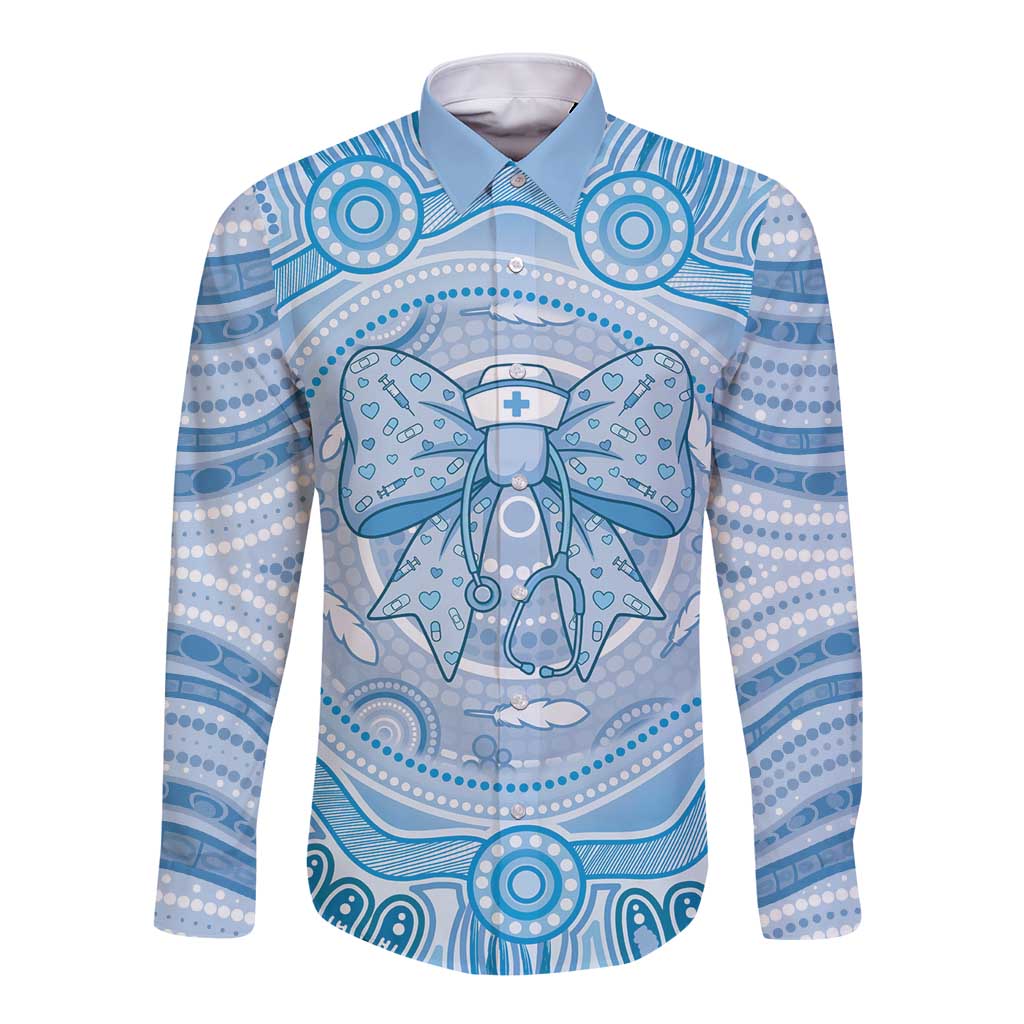 Aussie Nurse Personalised Long Sleeve Button Shirt Blue Stethoscope Coquette Bow Aboriginal Dot Art