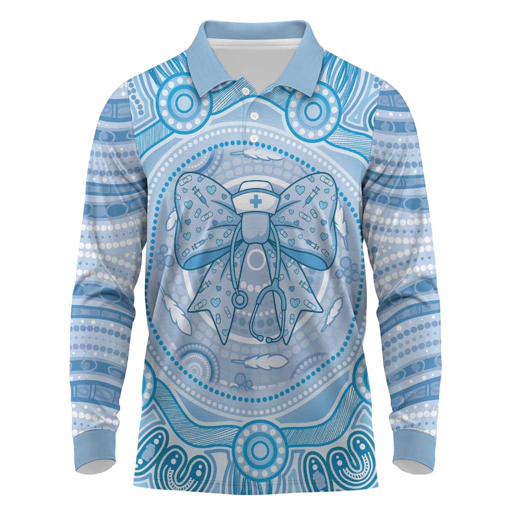 Aussie Nurse Personalised Long Sleeve Polo Shirt Blue Stethoscope Coquette Bow Aboriginal Dot Art