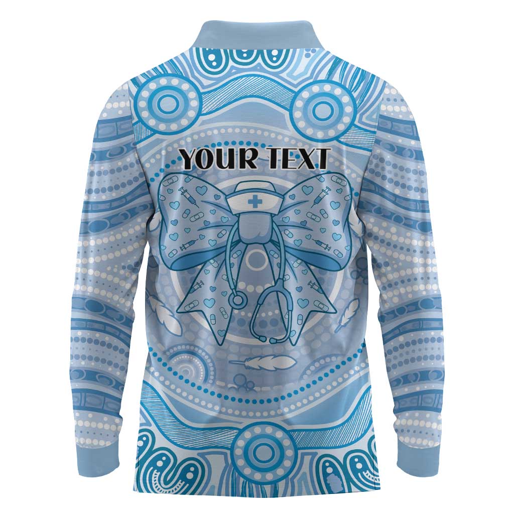 Aussie Nurse Personalised Long Sleeve Polo Shirt Blue Stethoscope Coquette Bow Aboriginal Dot Art