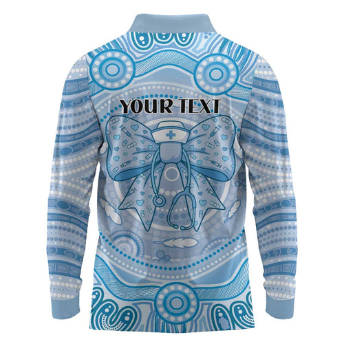 Aussie Nurse Personalised Long Sleeve Polo Shirt Blue Stethoscope Coquette Bow Aboriginal Dot Art
