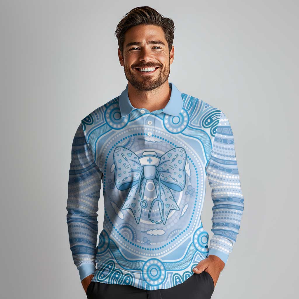 Aussie Nurse Personalised Long Sleeve Polo Shirt Blue Stethoscope Coquette Bow Aboriginal Dot Art