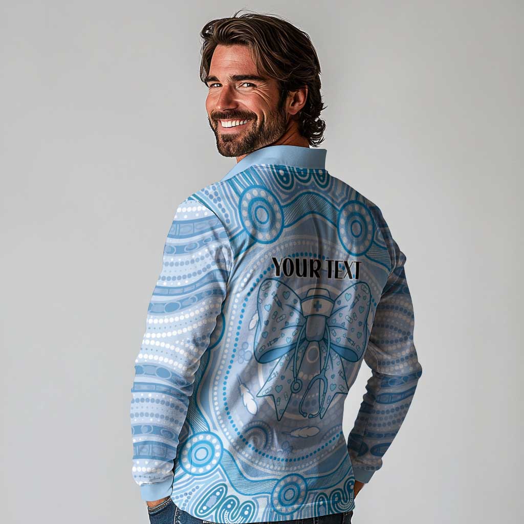 Aussie Nurse Personalised Long Sleeve Polo Shirt Blue Stethoscope Coquette Bow Aboriginal Dot Art
