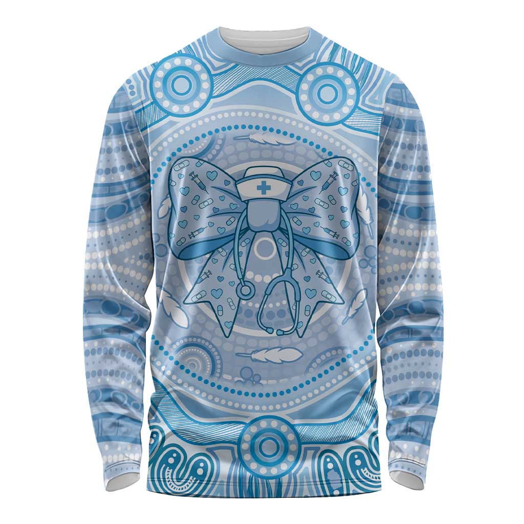 Aussie Nurse Personalised Long Sleeve Shirt Blue Stethoscope Coquette Bow Aboriginal Dot Art