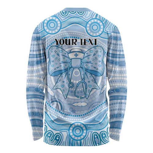 Aussie Nurse Personalised Long Sleeve Shirt Blue Stethoscope Coquette Bow Aboriginal Dot Art