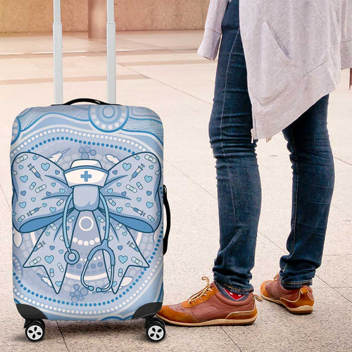 Aussie Nurse Luggage Cover Blue Stethoscope Coquette Bow Aboriginal Dot Art