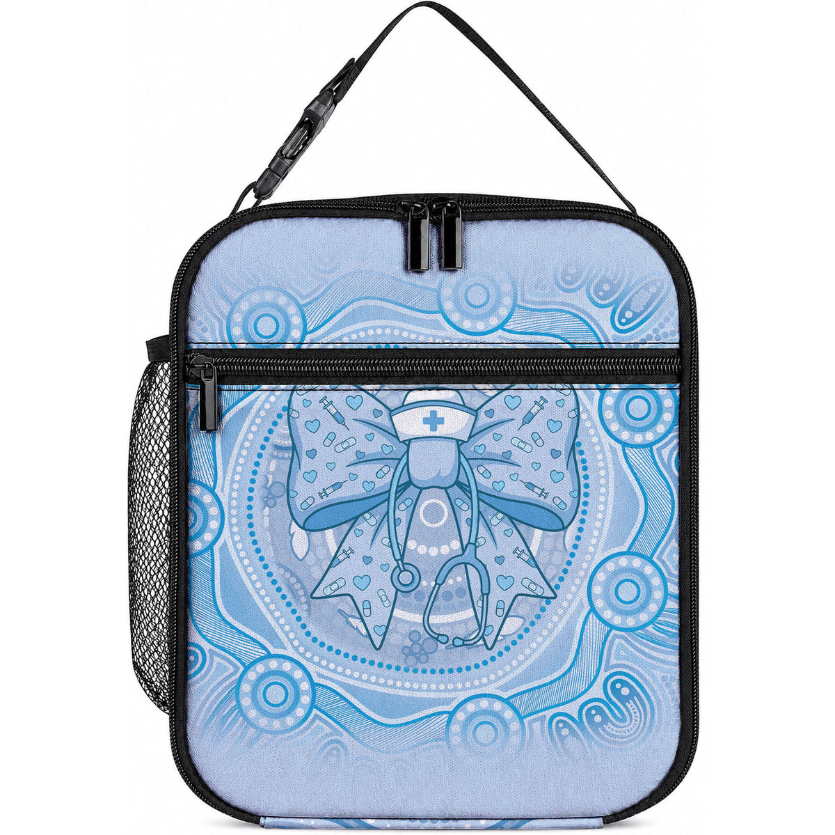 Aussie Nurse Lunch Bag Blue Stethoscope Coquette Bow Aboriginal Dot Art