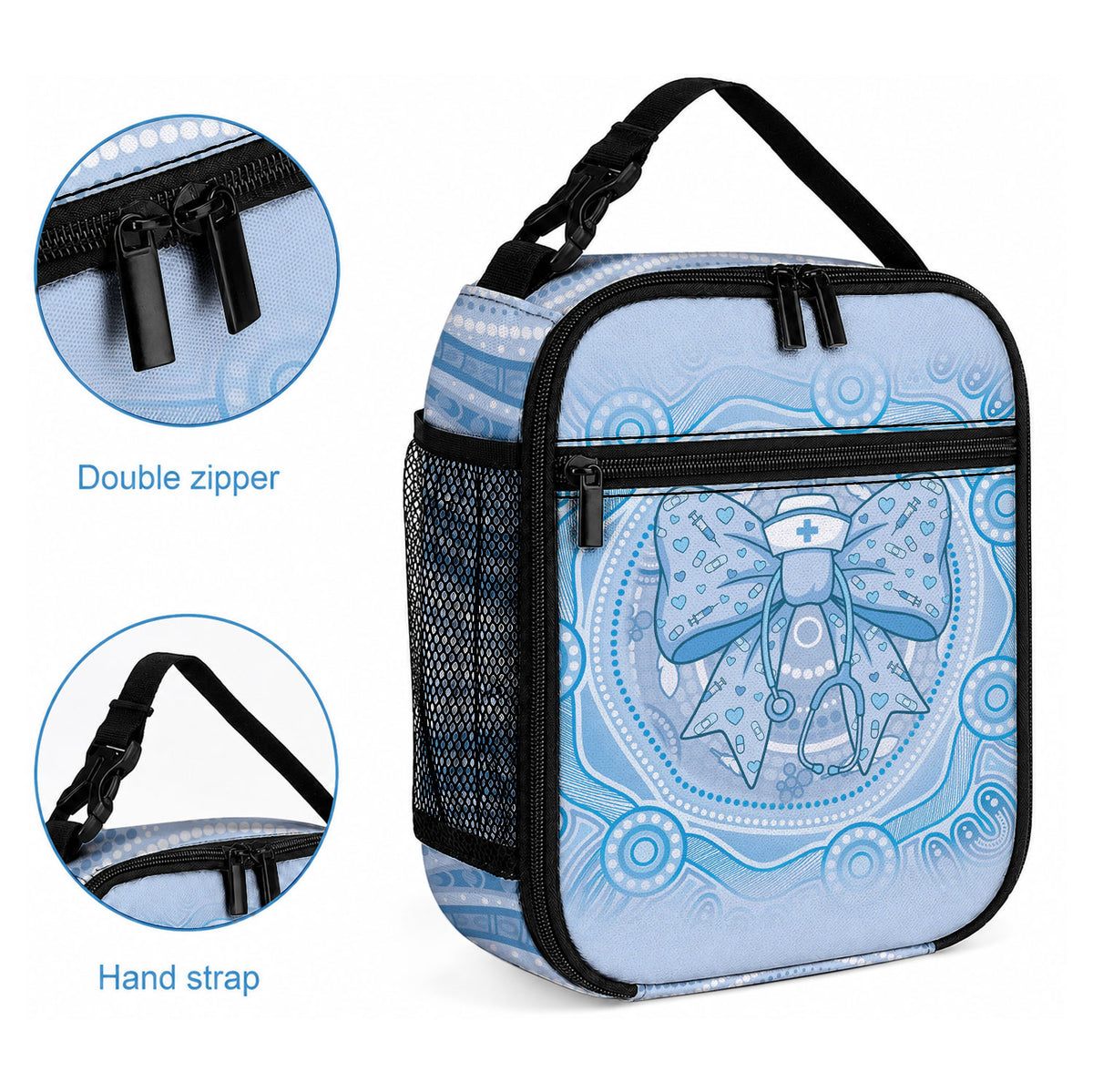 Aussie Nurse Lunch Bag Blue Stethoscope Coquette Bow Aboriginal Dot Art