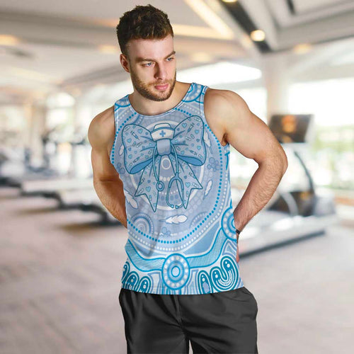 Aussie Nurse Personalised Men Tank Top Blue Stethoscope Coquette Bow Aboriginal Dot Art
