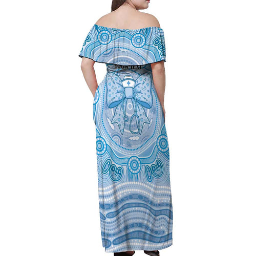 Aussie Nurse Personalised Off Shoulder Maxi Dress Blue Stethoscope Coquette Bow Aboriginal Dot Art