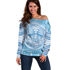 Aussie Nurse Personalised Off Shoulder Sweater Blue Stethoscope Coquette Bow Aboriginal Dot Art