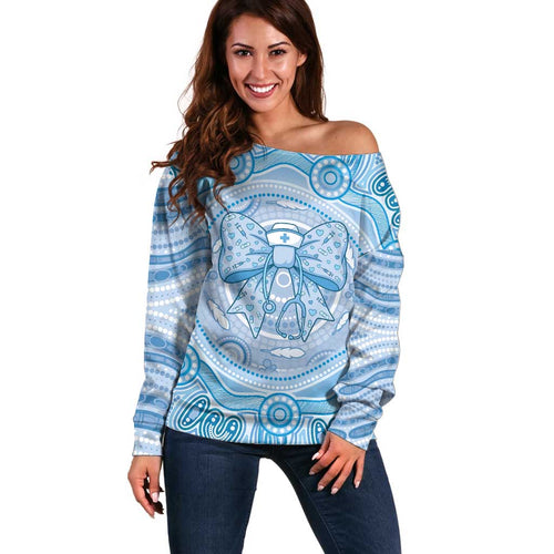Aussie Nurse Personalised Off Shoulder Sweater Blue Stethoscope Coquette Bow Aboriginal Dot Art