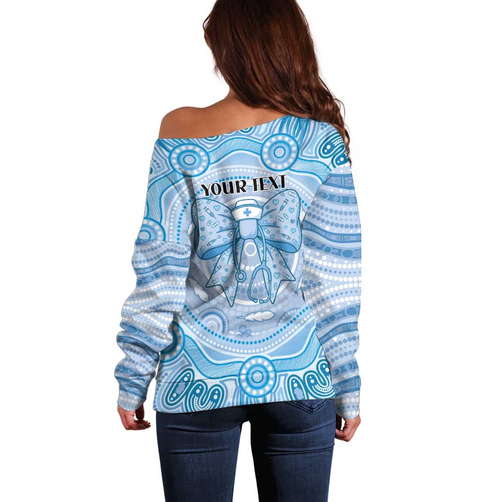 Aussie Nurse Personalised Off Shoulder Sweater Blue Stethoscope Coquette Bow Aboriginal Dot Art