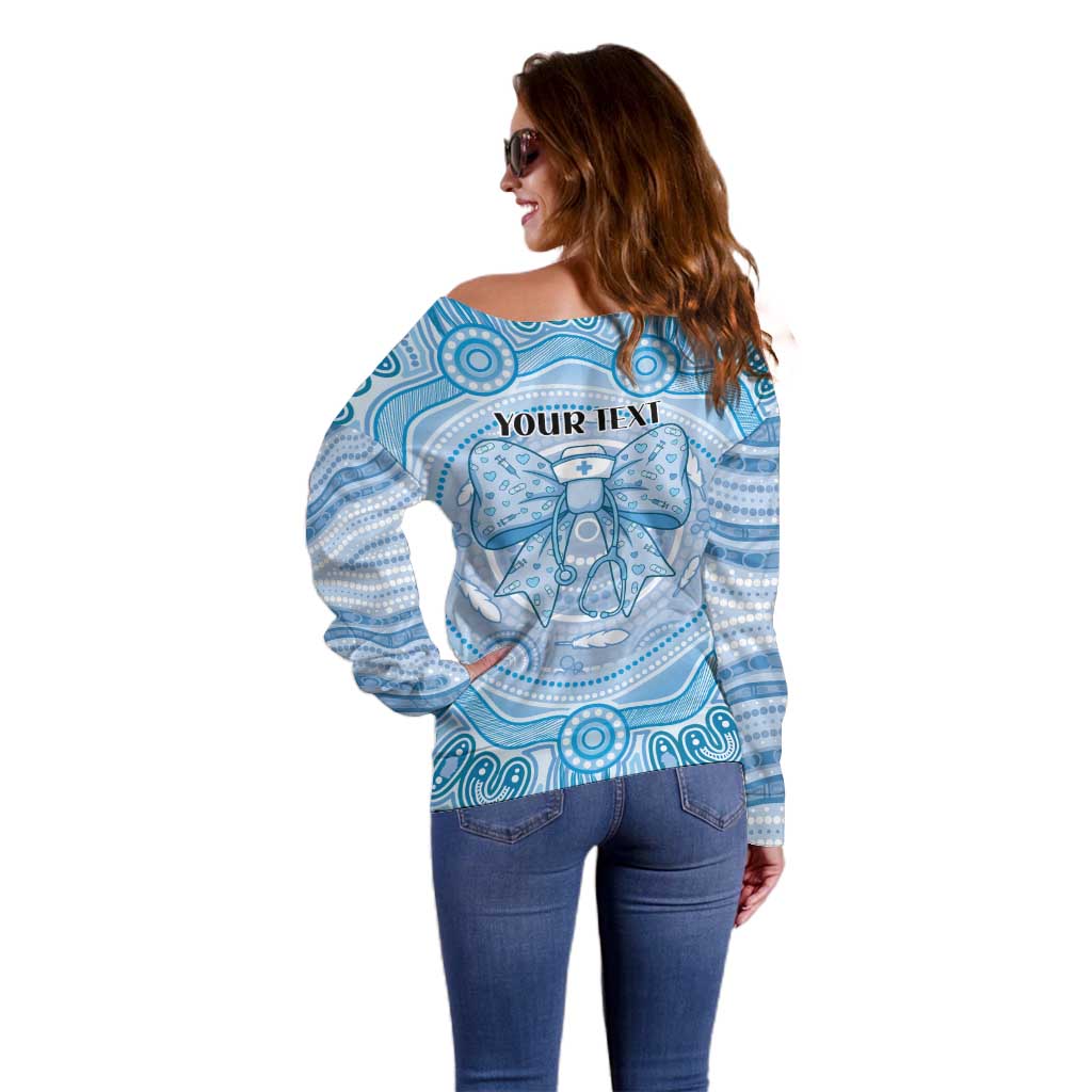 Aussie Nurse Personalised Off Shoulder Sweater Blue Stethoscope Coquette Bow Aboriginal Dot Art