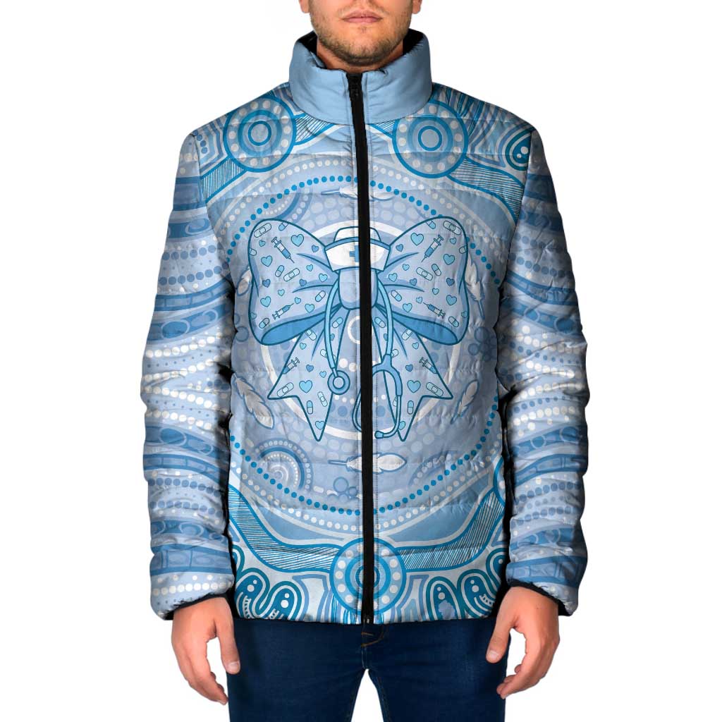 Aussie Nurse Personalised Padded Jacket Blue Stethoscope Coquette Bow Aboriginal Dot Art