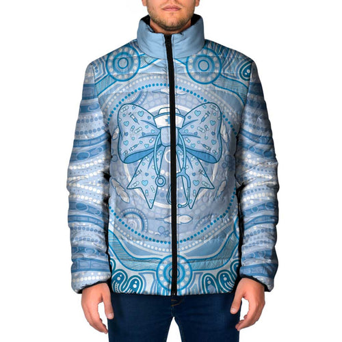 Aussie Nurse Personalised Padded Jacket Blue Stethoscope Coquette Bow Aboriginal Dot Art