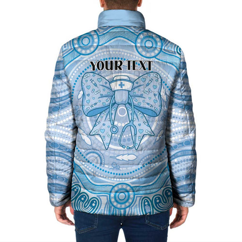 Aussie Nurse Personalised Padded Jacket Blue Stethoscope Coquette Bow Aboriginal Dot Art