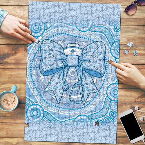 Aussie Nurse Puzzle Blue Stethoscope Coquette Bow Aboriginal Dot Art