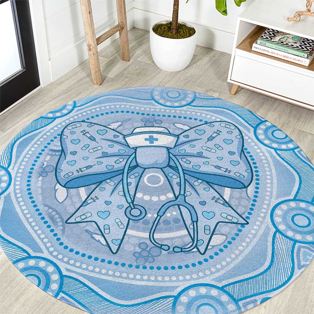 Aussie Nurse Round Carpet Blue Stethoscope Coquette Bow Aboriginal Dot Art