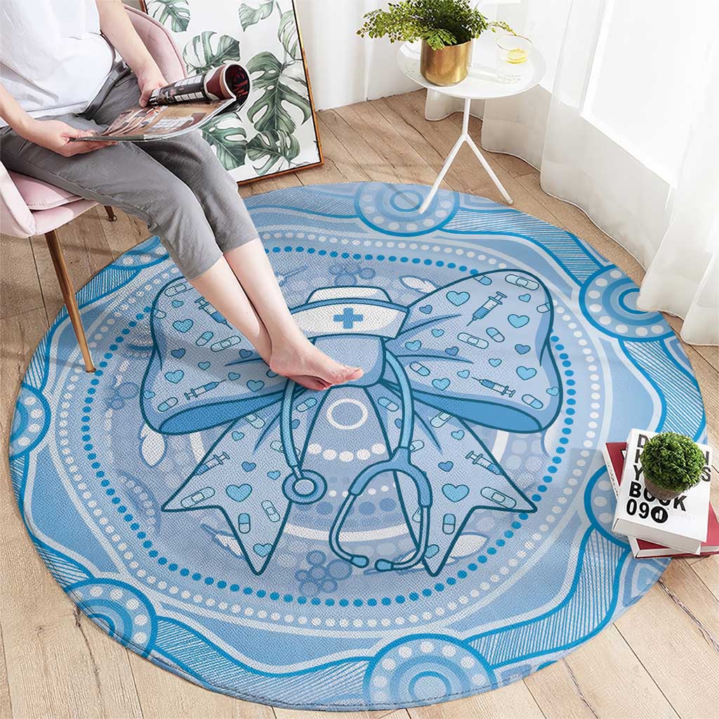 Aussie Nurse Round Carpet Blue Stethoscope Coquette Bow Aboriginal Dot Art