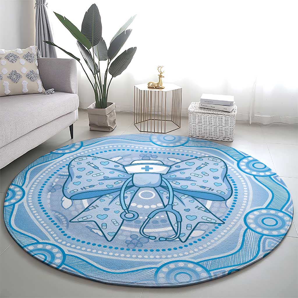 Aussie Nurse Round Carpet Blue Stethoscope Coquette Bow Aboriginal Dot Art