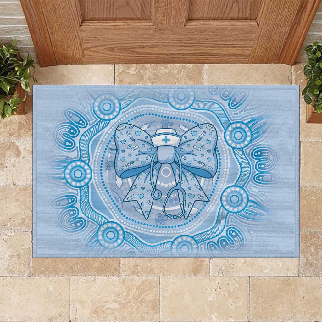 Aussie Nurse Rubber Doormat Blue Stethoscope Coquette Bow Aboriginal Dot Art