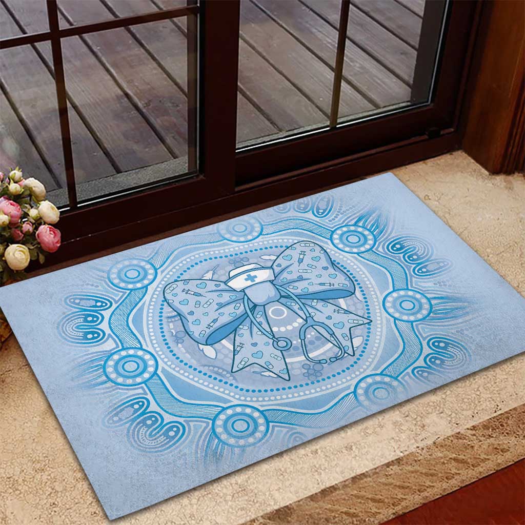 Aussie Nurse Rubber Doormat Blue Stethoscope Coquette Bow Aboriginal Dot Art