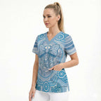 Aussie Nurse Personalised Scrub Top Blue Stethoscope Coquette Bow Aboriginal Dot Art