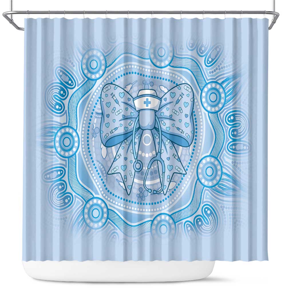 Aussie Nurse Shower Curtain Blue Stethoscope Coquette Bow Aboriginal Dot Art