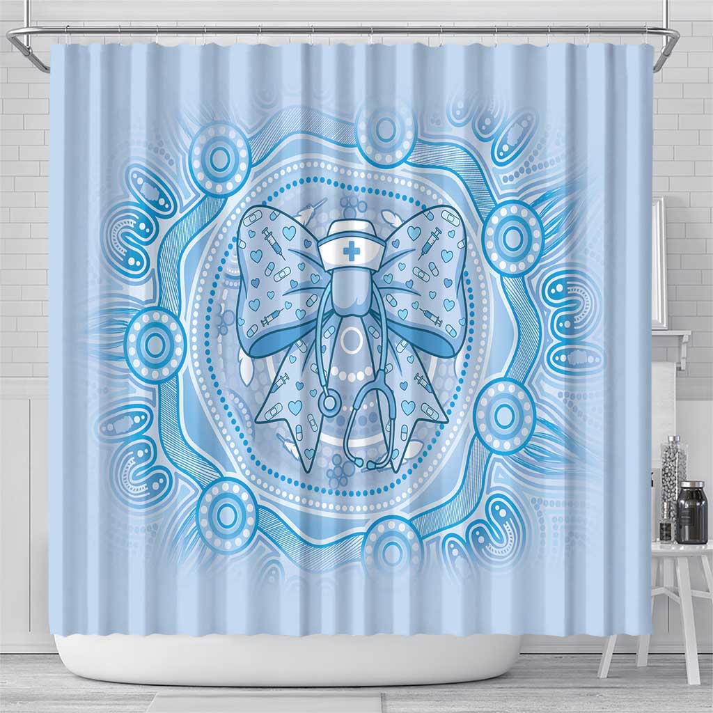 Aussie Nurse Shower Curtain Blue Stethoscope Coquette Bow Aboriginal Dot Art