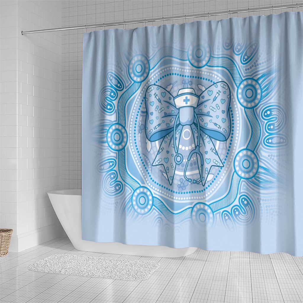 Aussie Nurse Shower Curtain Blue Stethoscope Coquette Bow Aboriginal Dot Art