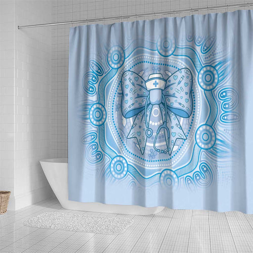 Aussie Nurse Shower Curtain Blue Stethoscope Coquette Bow Aboriginal Dot Art